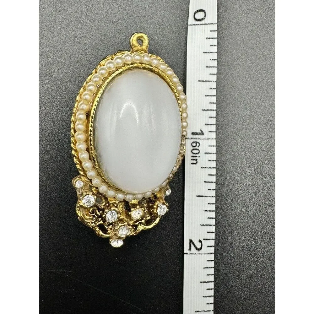 Vintage Gold Tone Brooch Rhinestone Faux Seed Pearl White Glass Cabochon Pendant